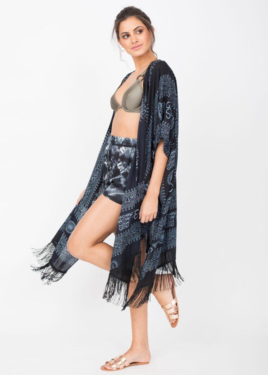 Beach Cover Up Kaftan Kimono in Ohm Print Black