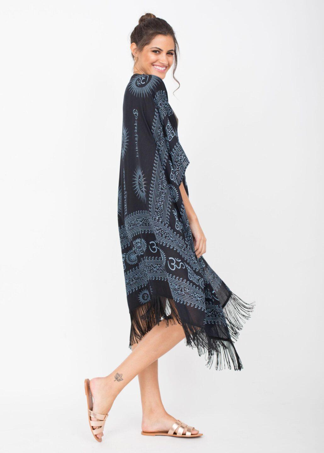 Beach Cover Up Kaftan Kimono in Ohm Print Black