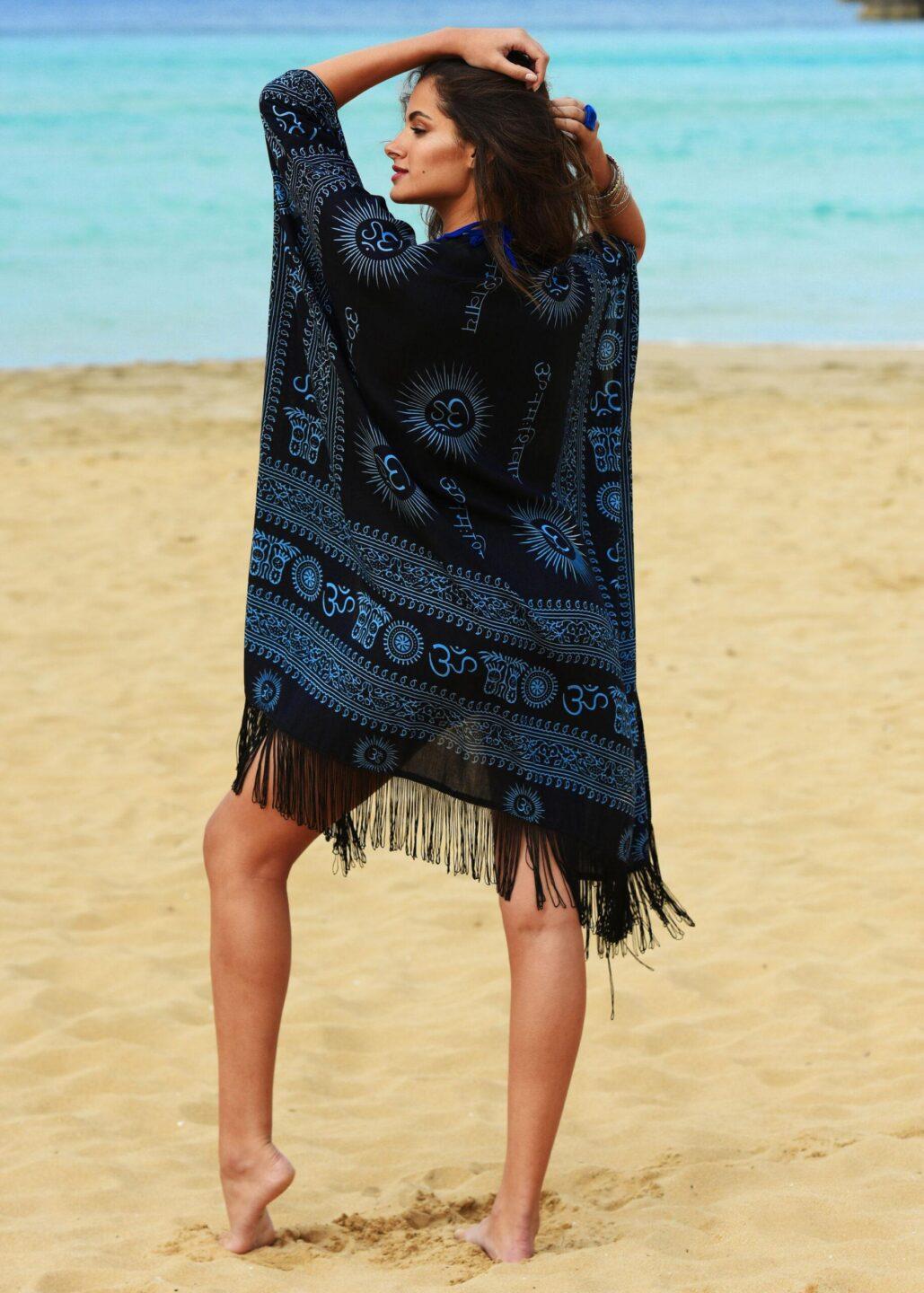 Beach Cover Up Kaftan Kimono in Ohm Print Black