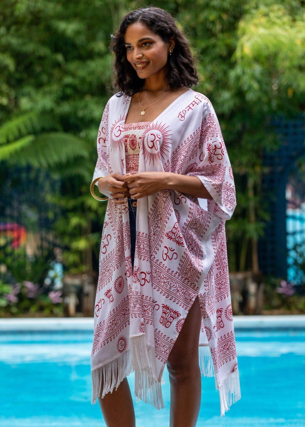 Beach Cover Up Kaftan Kimono in Ohm Print White