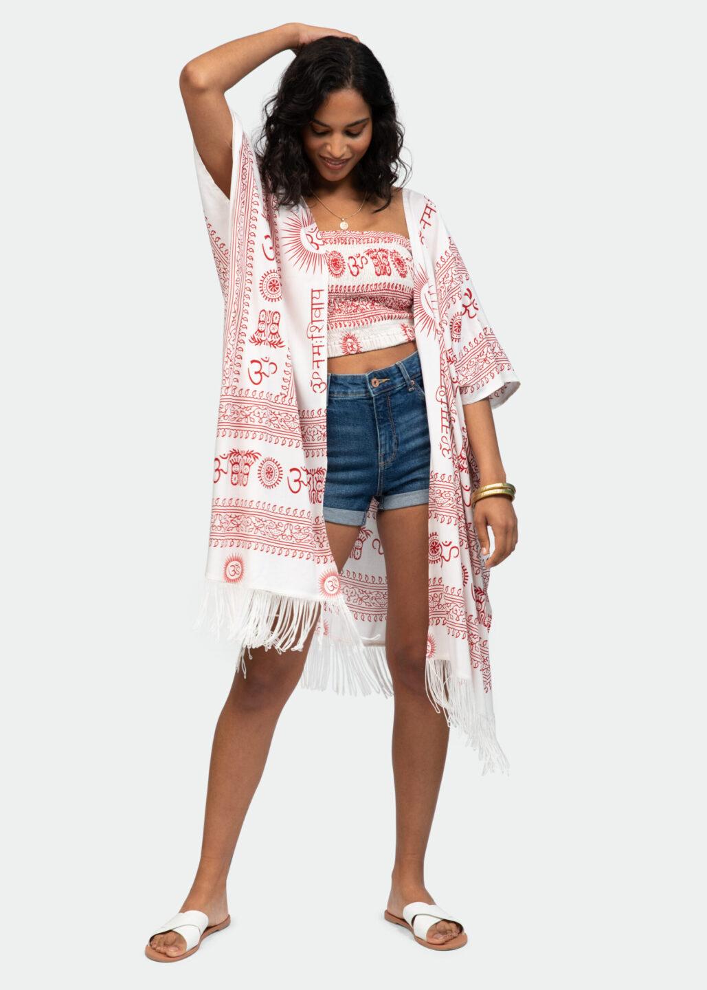 Beach Cover Up Kaftan Kimono in Ohm Print White