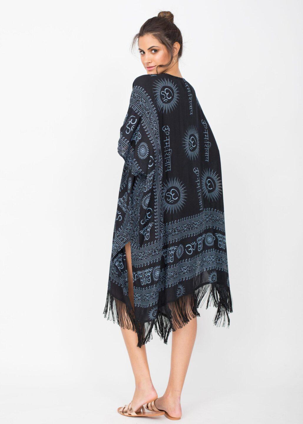 Beach Cover Up Kaftan Kimono in Ohm Print Black