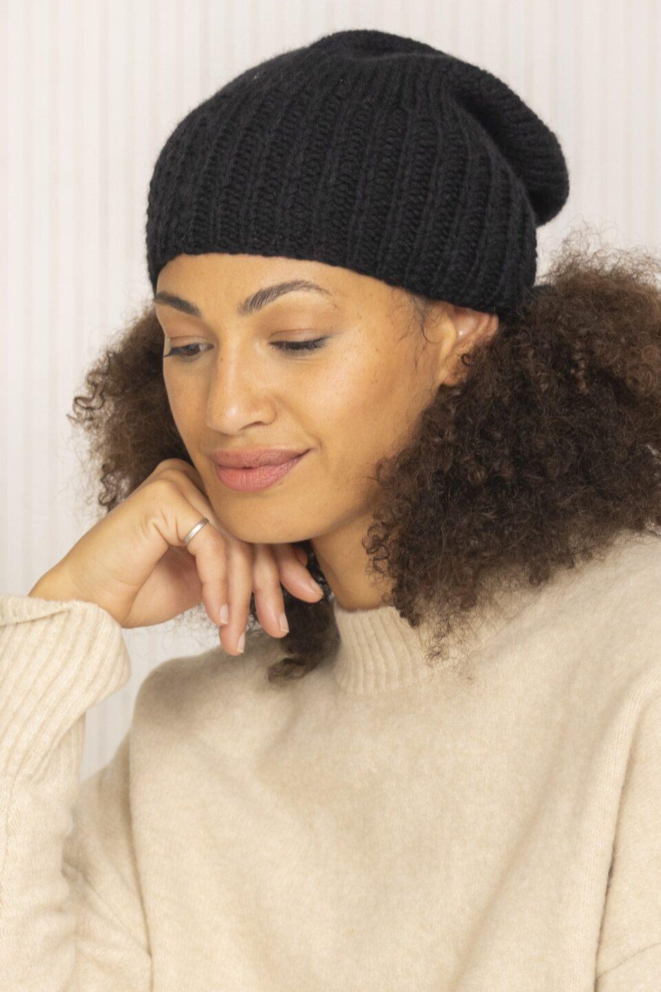 Black Merino Wool Slouchy Beanie - Ethically Handmade