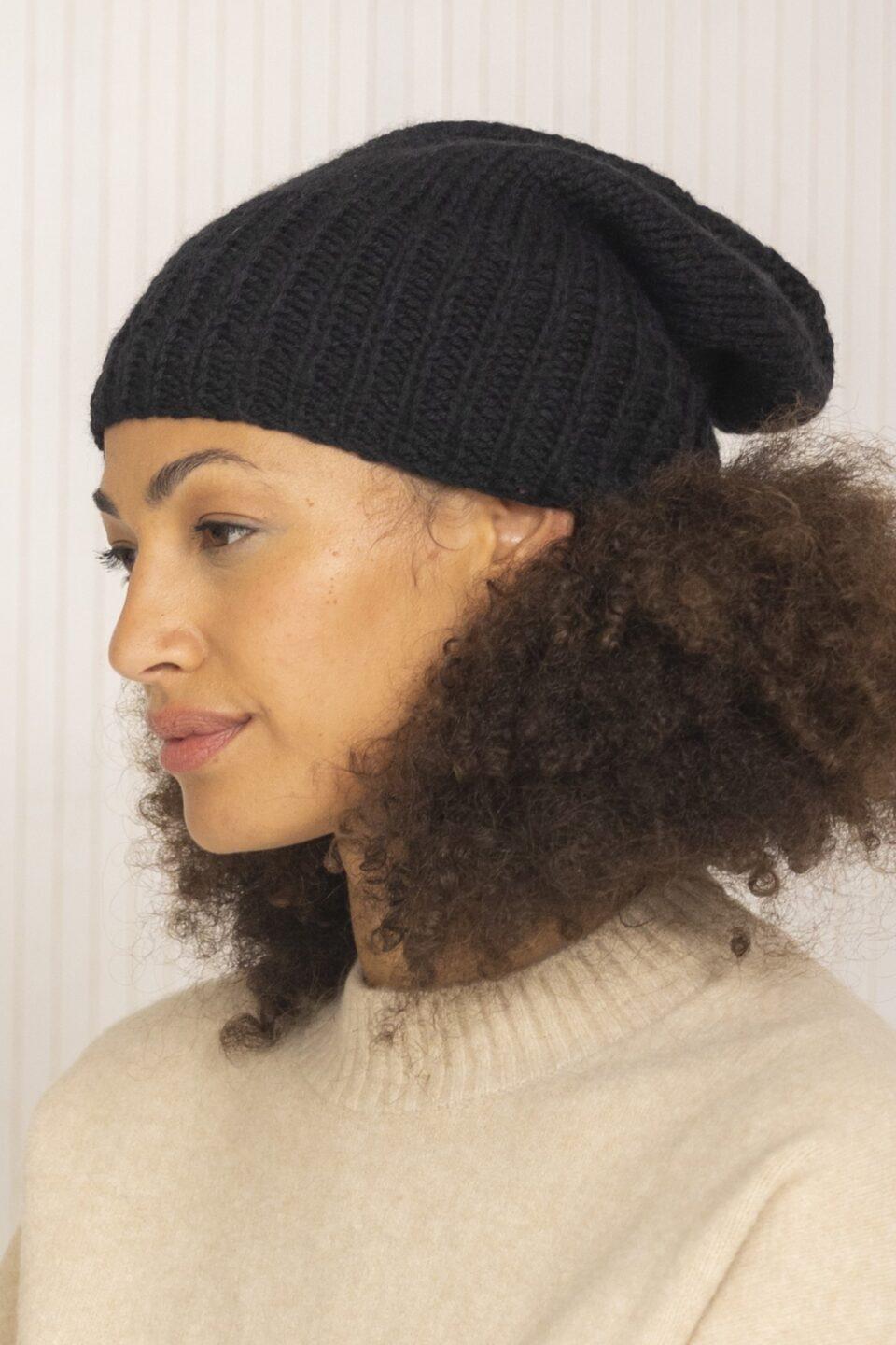 Black Merino Wool Slouchy Beanie - Ethically Handmade