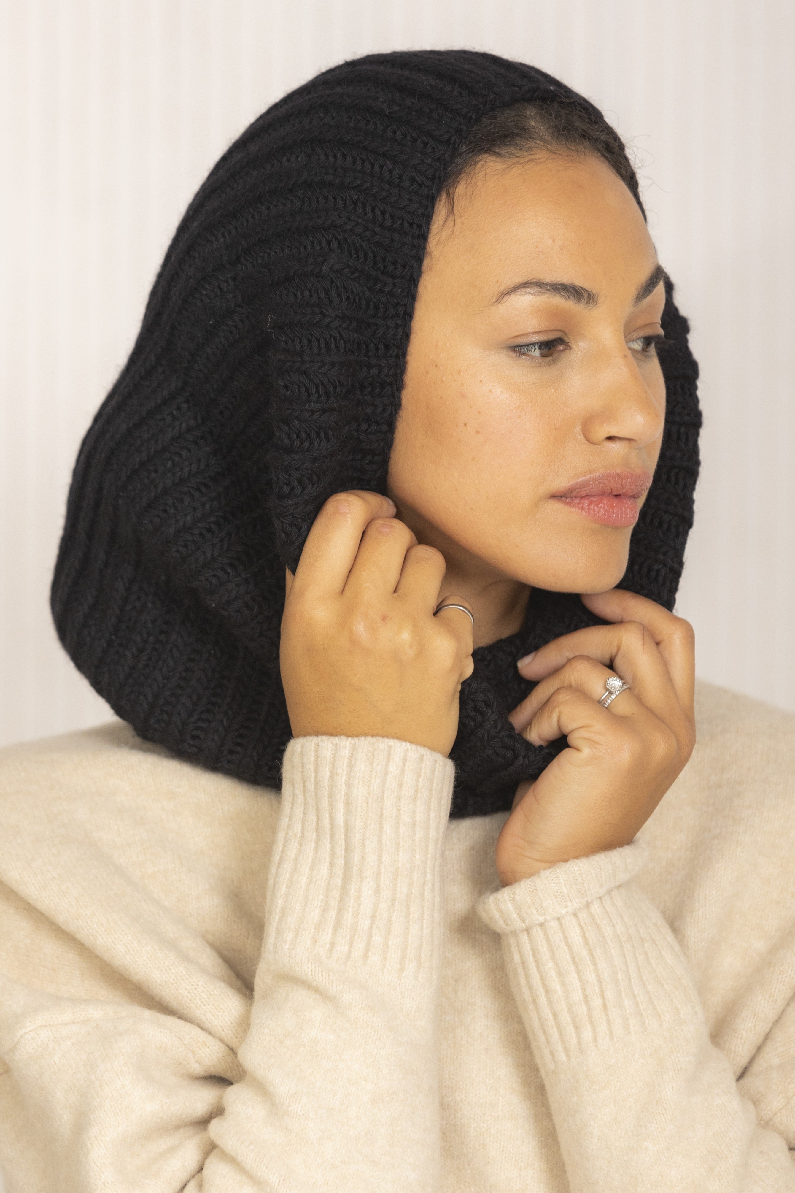 Merino Wool Knitted Infinity Snood Scarf â€“ Neck Warmer in Black