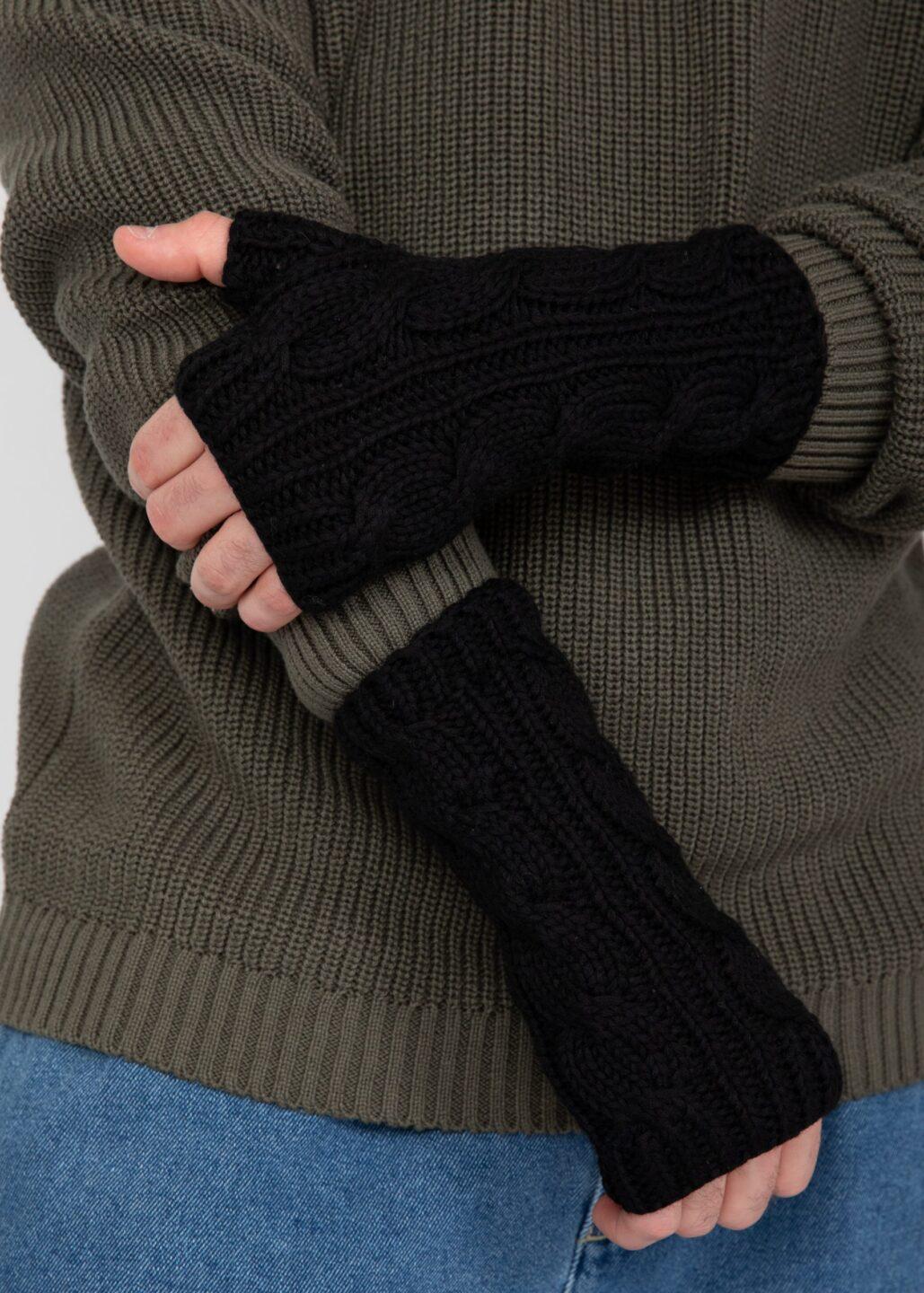 Cable Knitted Fingerless Gloves for Men 100% Merino Wool - Black