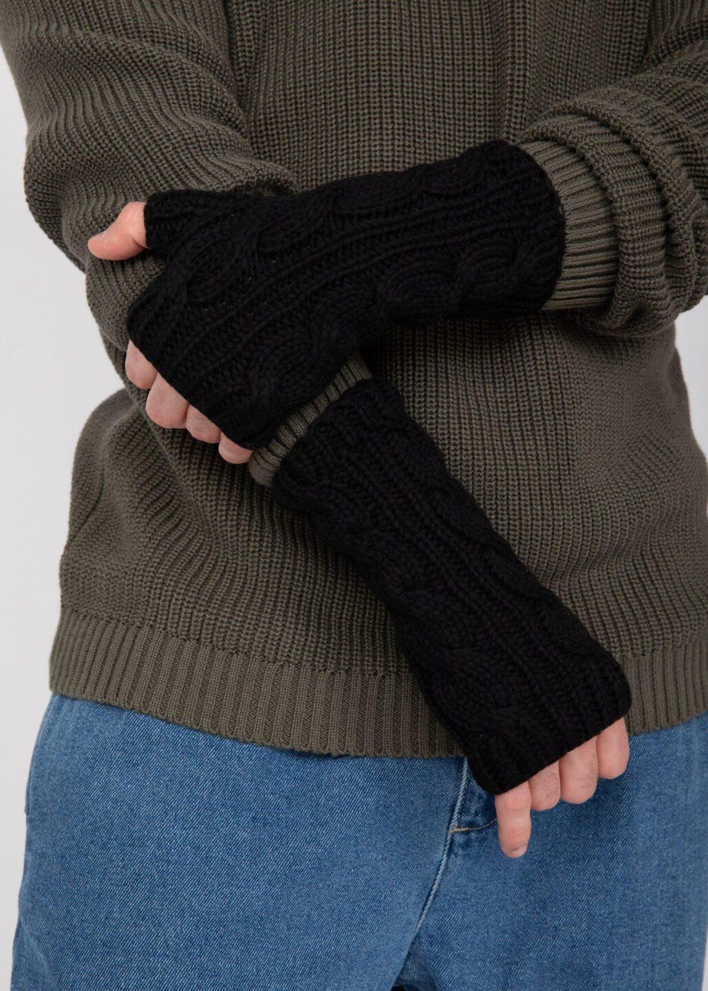 Cable Knitted Fingerless Gloves for Men 100% Merino Wool - Black