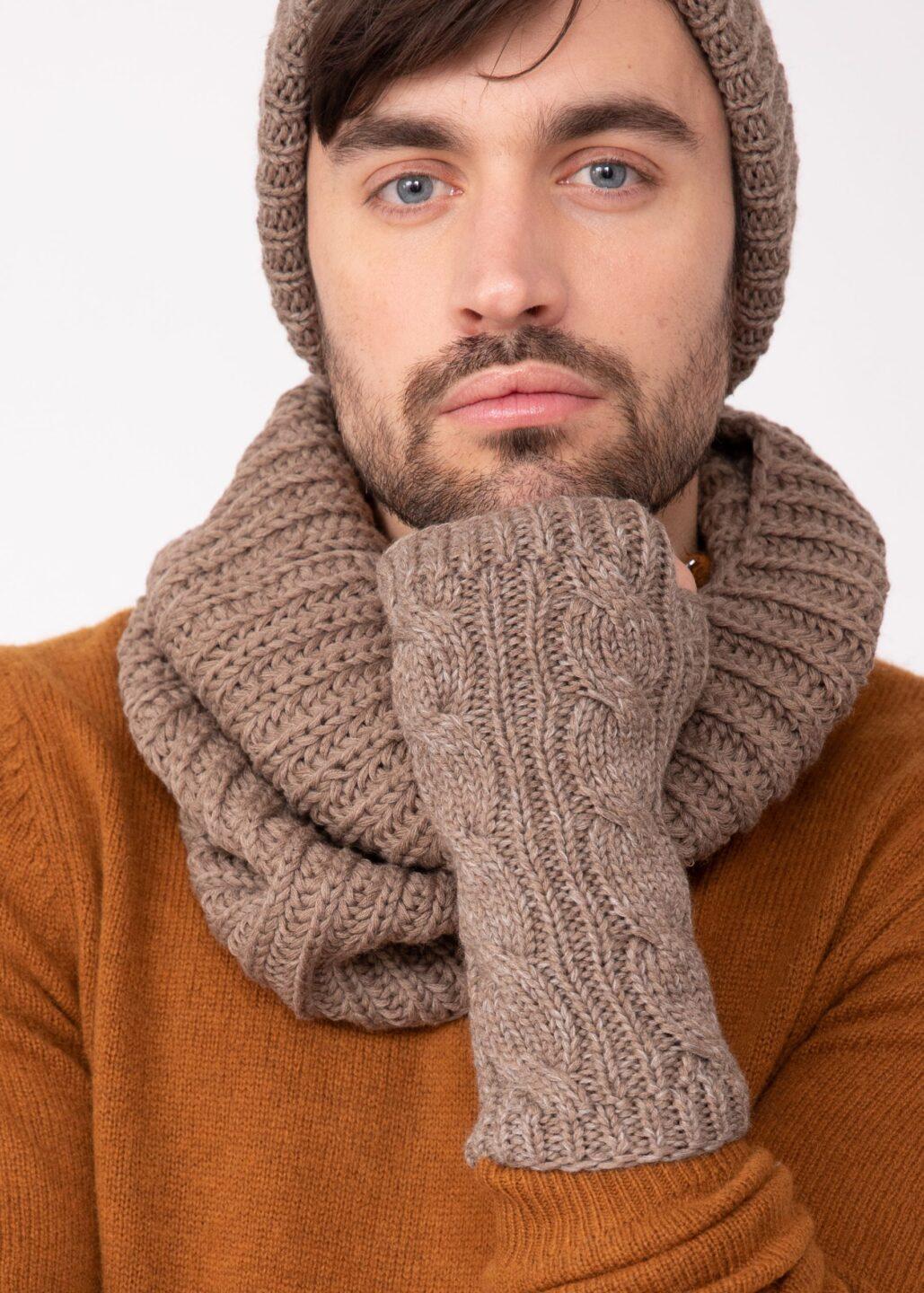 Cable Knitted Fingerless Gloves for Men 100% Merino Wool - Mocha