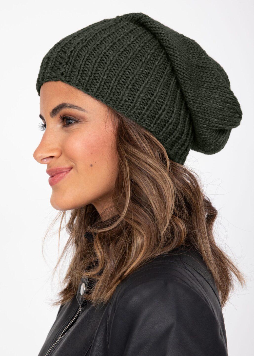 Slouch Beanie Hat Merino Wool Camo Green