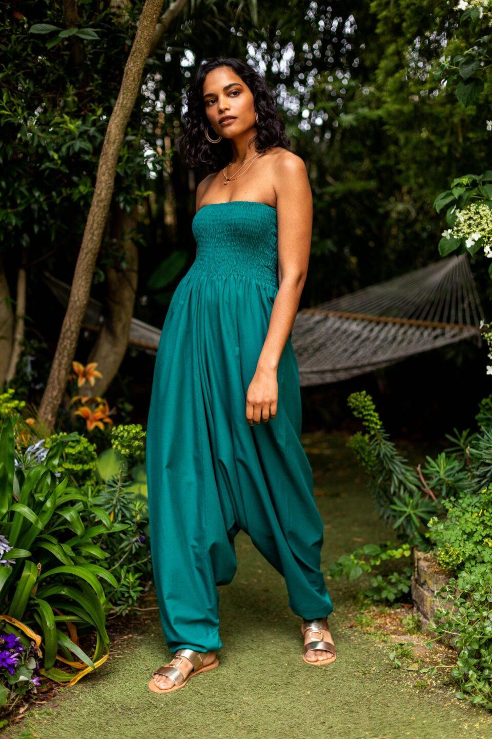 2 in 1 Cotton Maxi Harem Trouser Jumpsuit Emerald