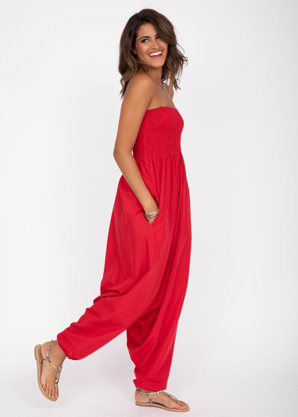 Convertible Cotton 2-in-1 Jumpsuit & Harem Pants in Red