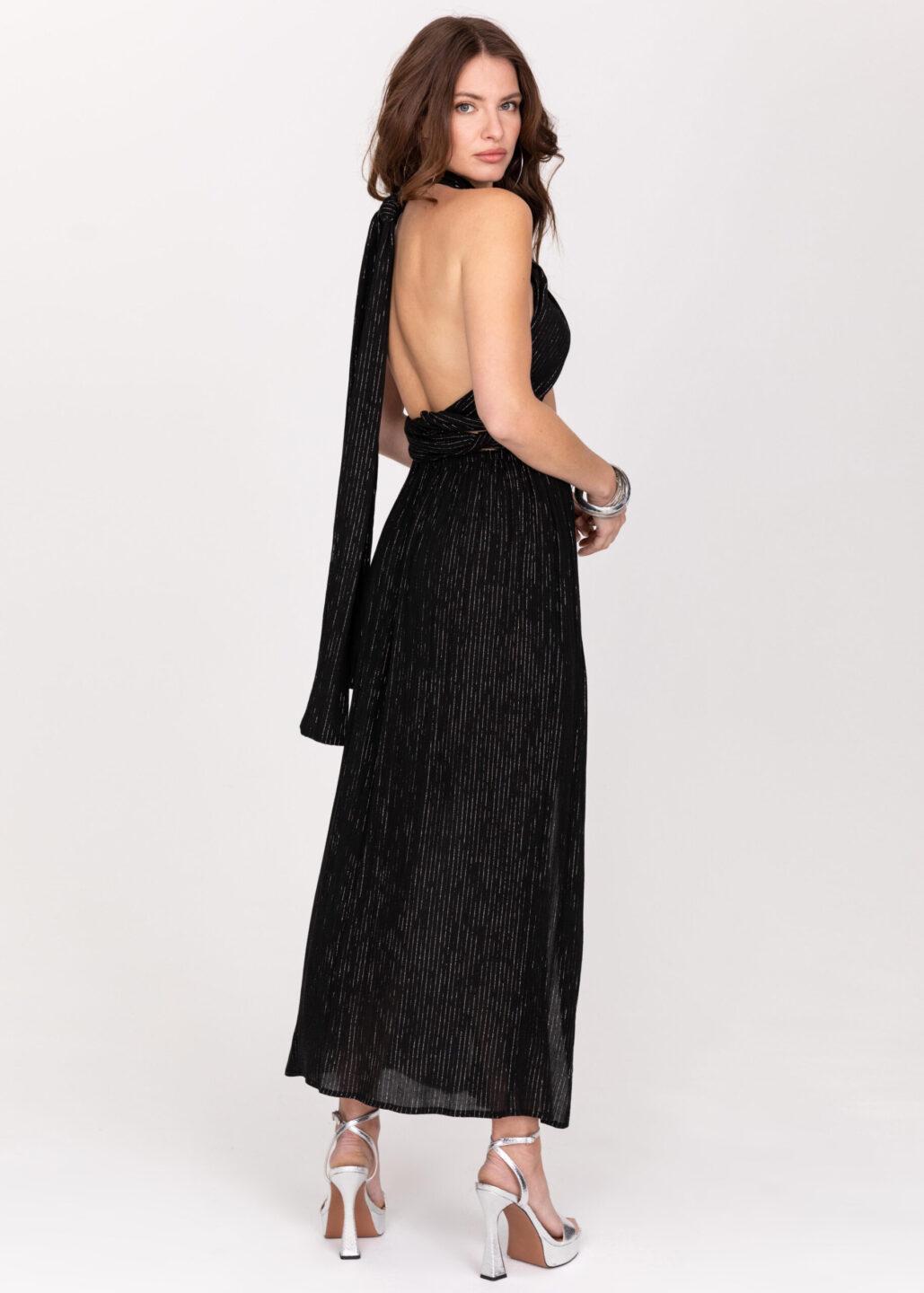 Convertible Maxi Dress with Side Slits & Lurex Stripes in Black