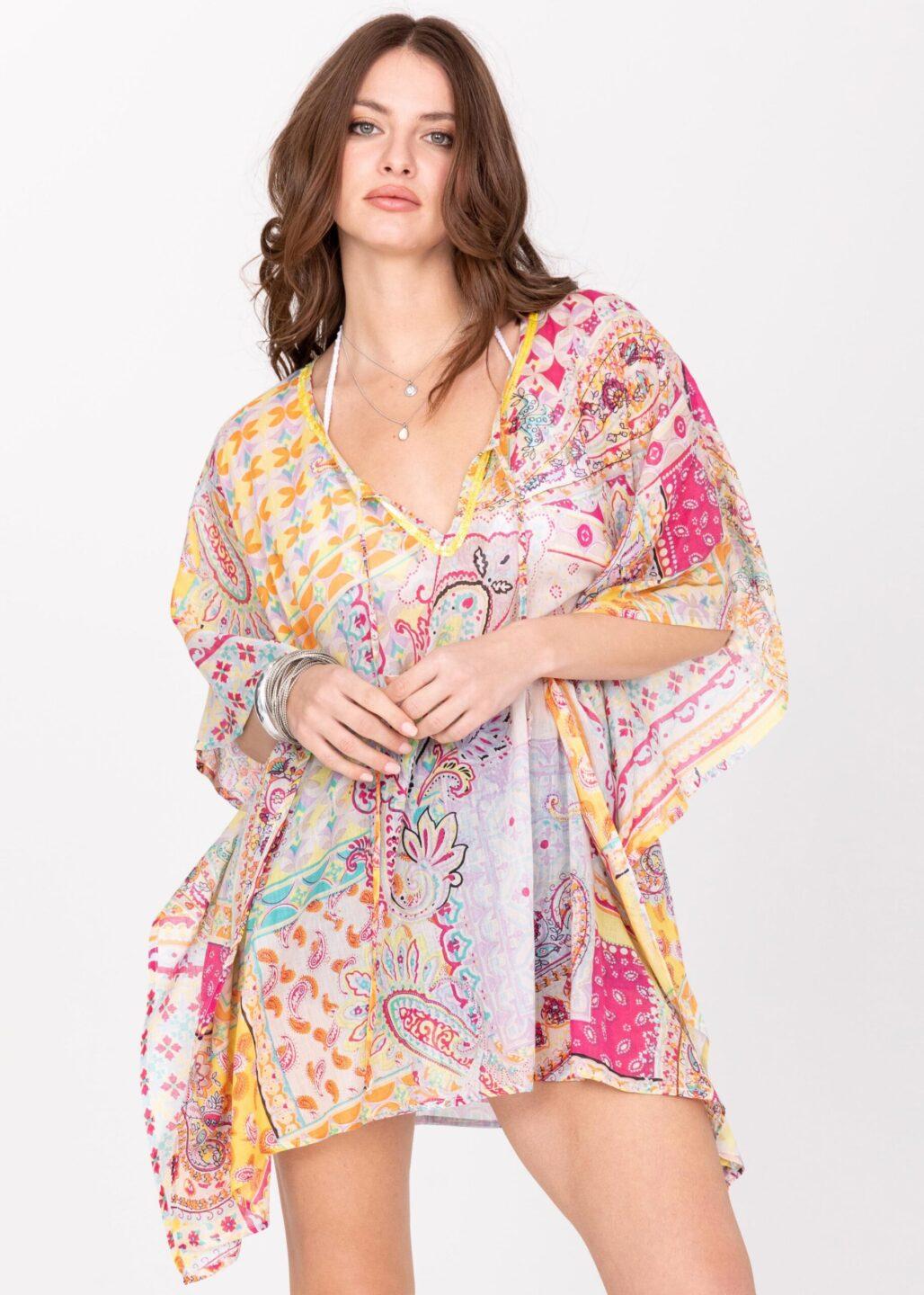 Cotton Beach Kaftan Cover Up in Multi Paisely Print with Sequins