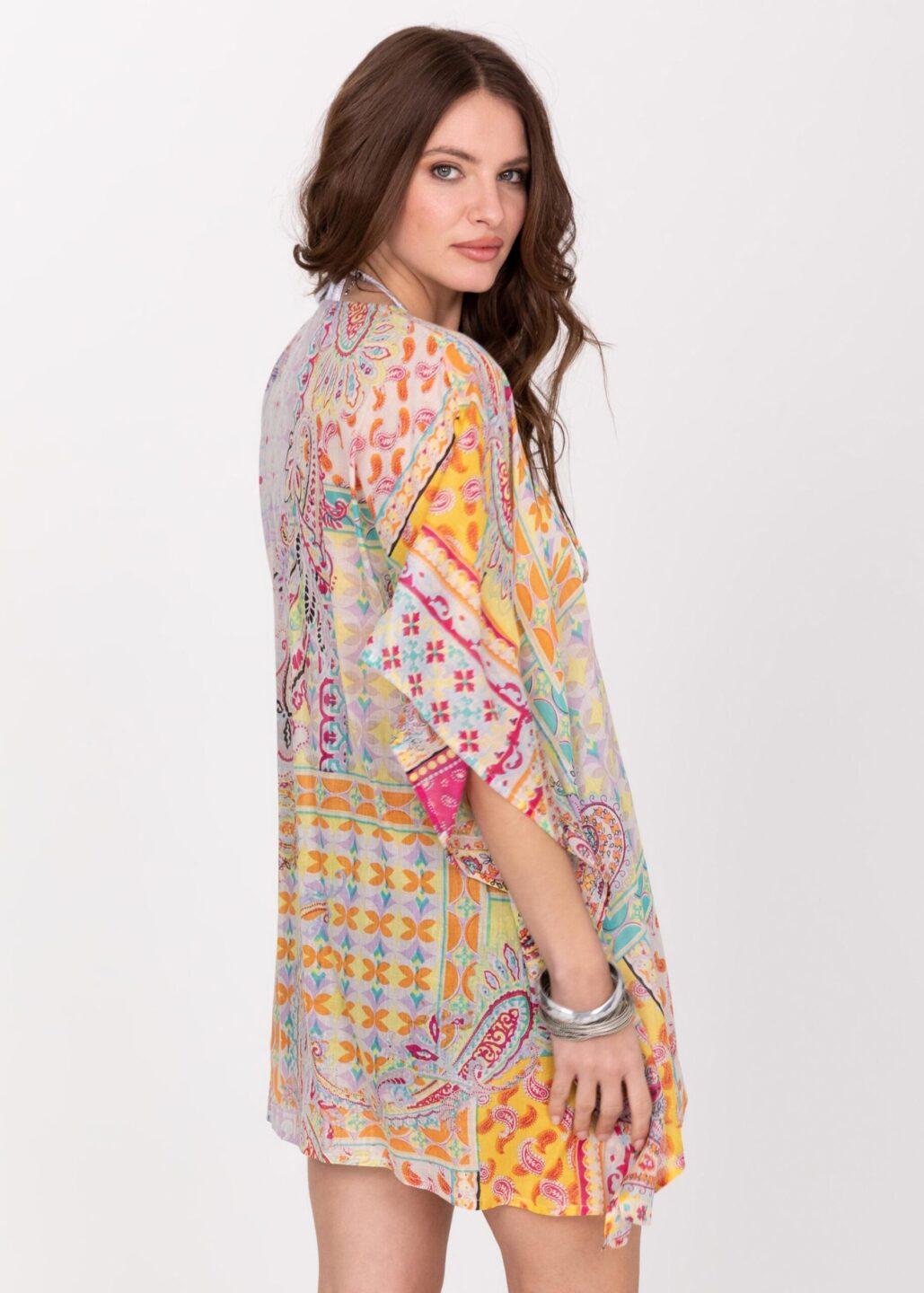 Cotton Beach Kaftan Cover Up in Multi Paisely Print with Sequins