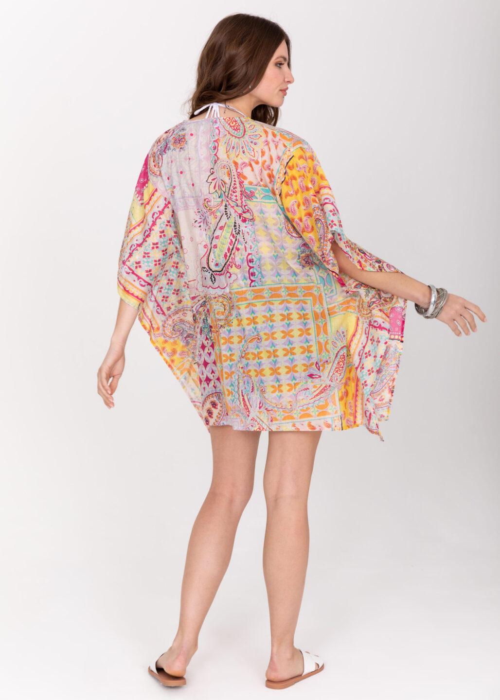 Cotton Beach Kaftan Cover Up in Multi Paisely Print with Sequins