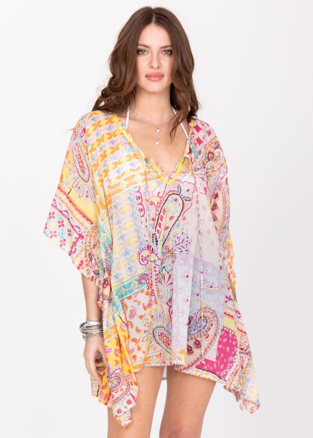 Cotton Beach Kaftan Cover Up in Multi Paisely Print with Sequins