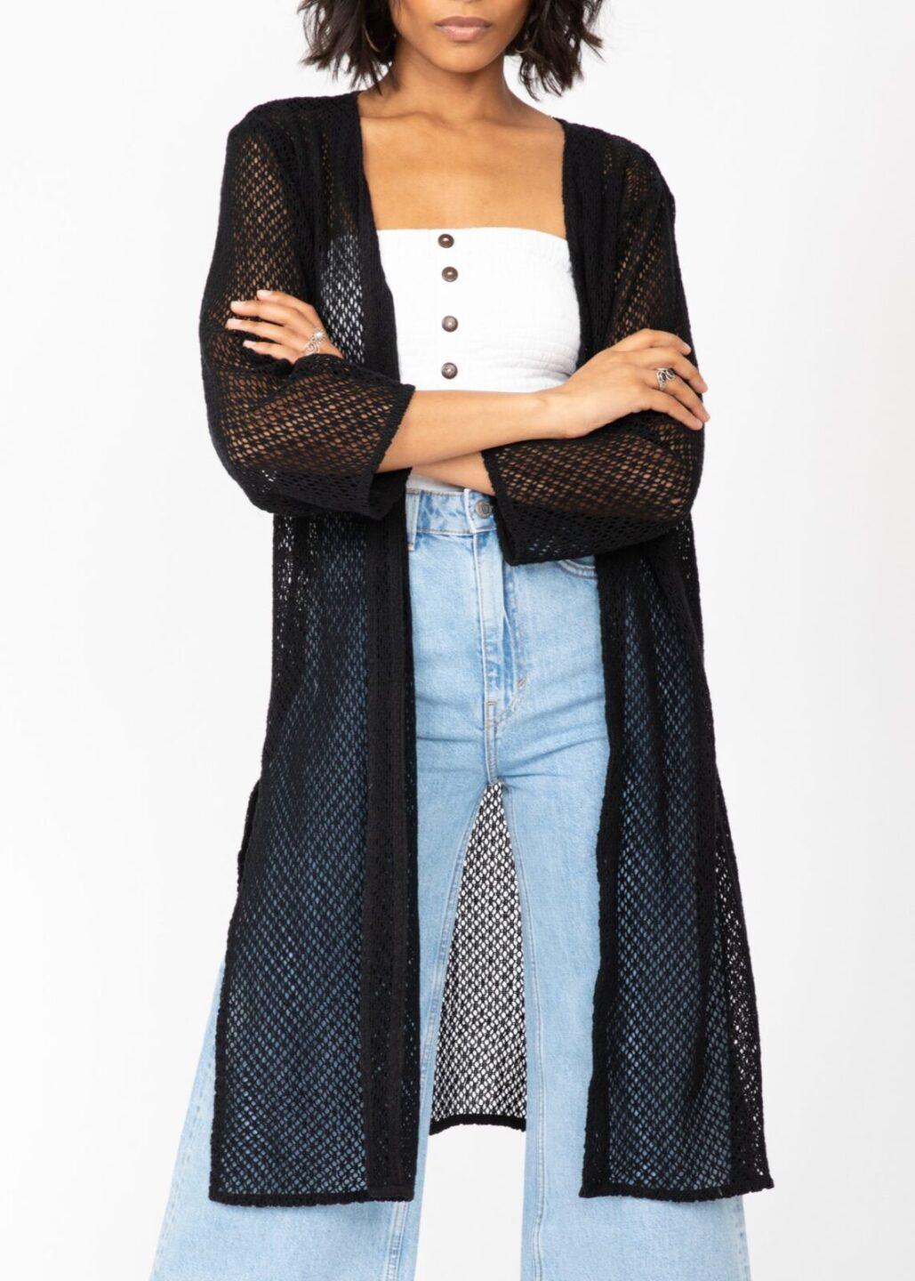 Cotton Crochet Kimono Cover-Up in Black