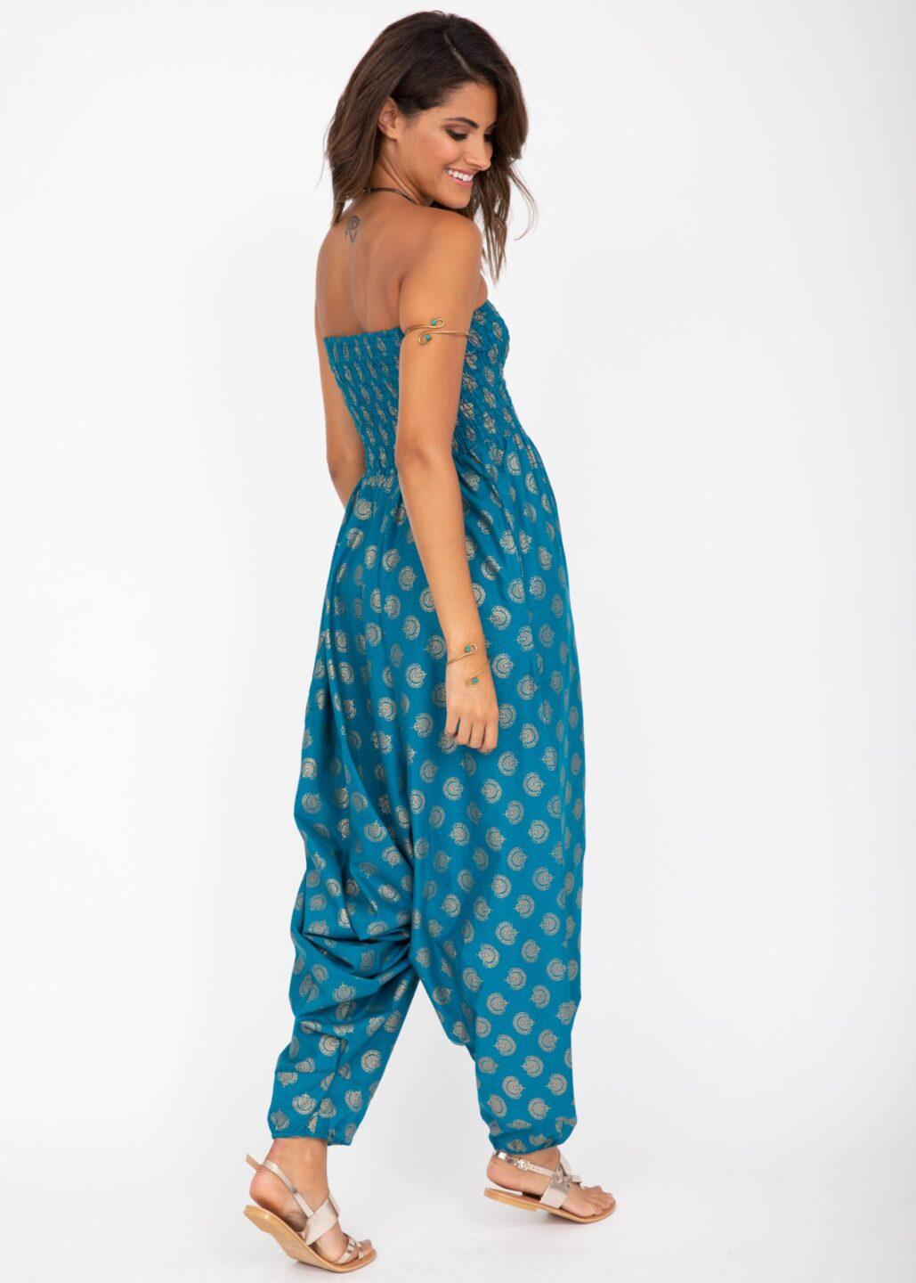 Cotton Printed 2 in 1 Maxi Harem Trouser & Bandeau Jumpsuit Turquoise Gold Print