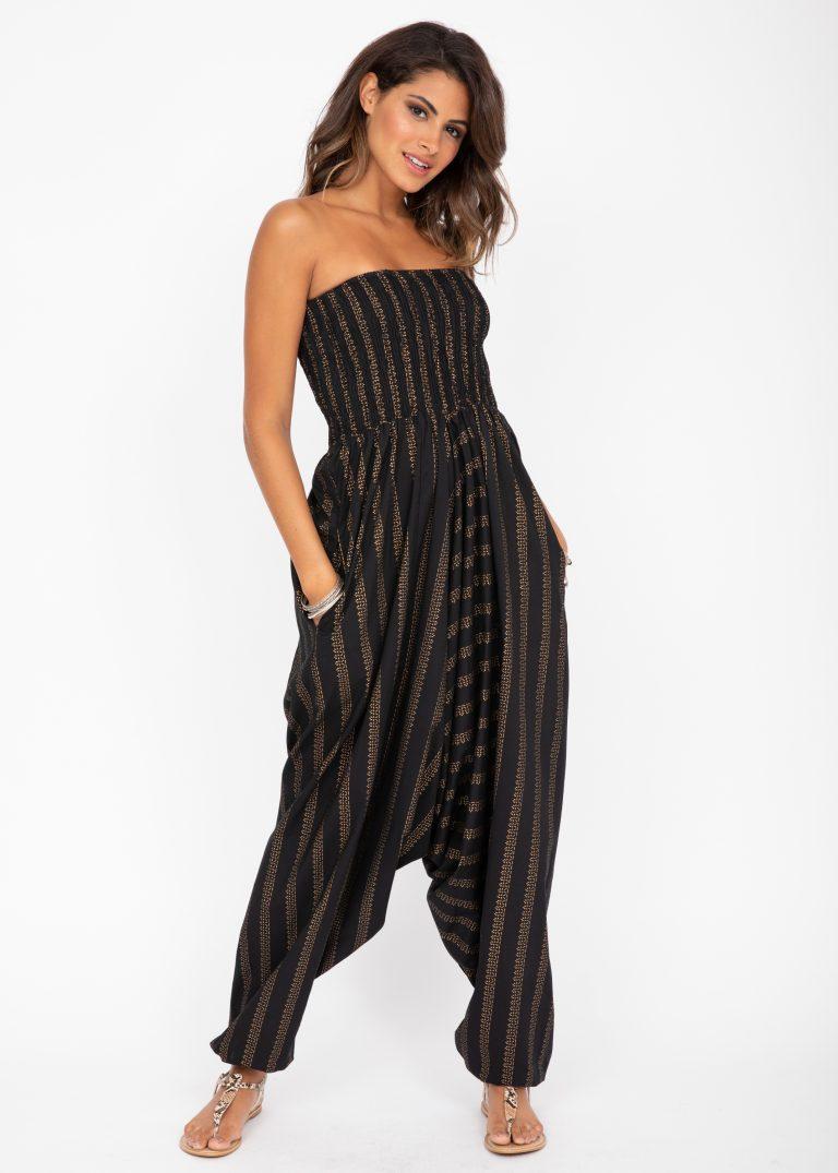 Cotton Printed 2 in 1 Maxi Harem Trouser & Bandeau Jumpsuit Black and Gold Stripes