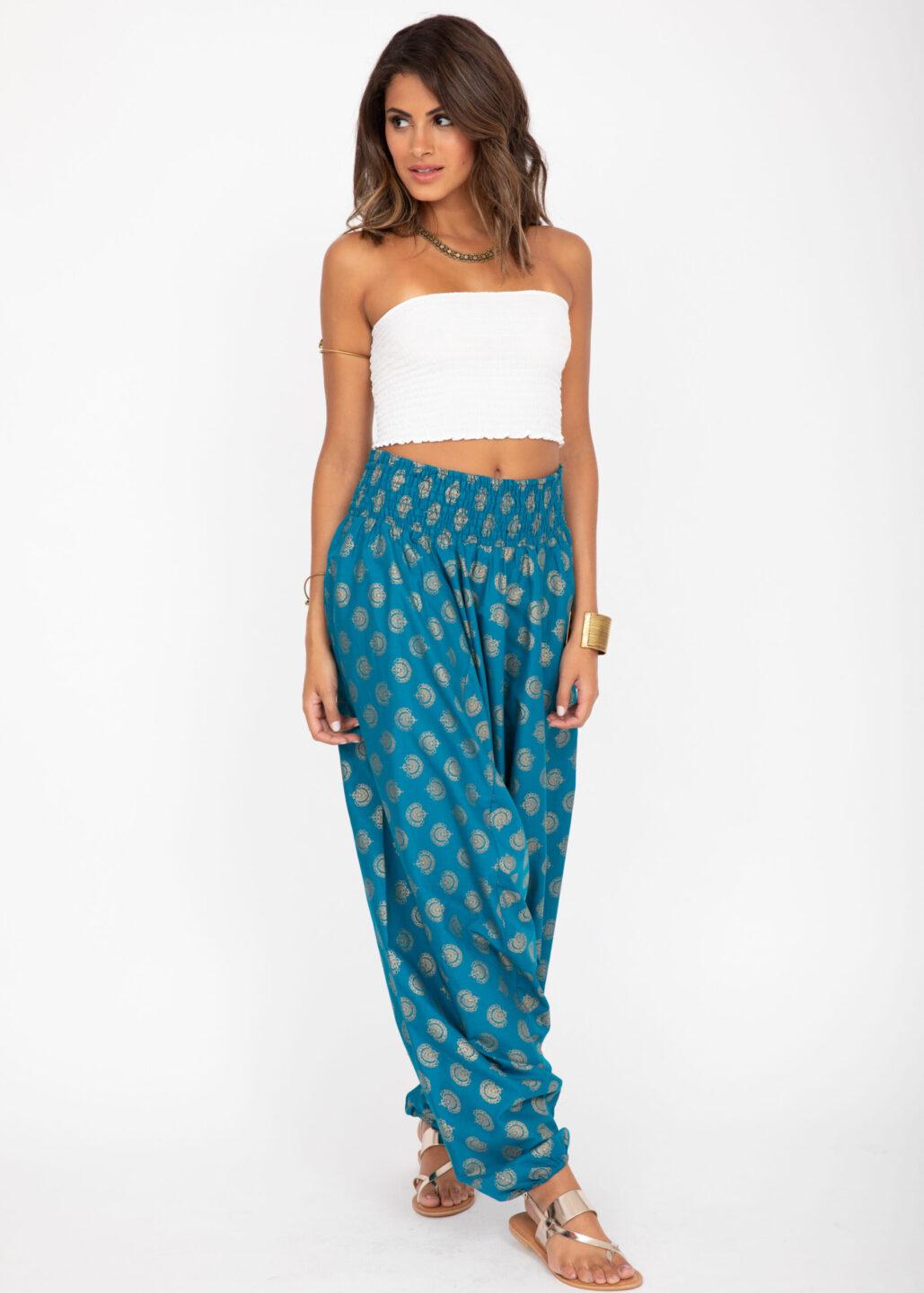 Cotton Printed 2 in 1 Maxi Harem Trouser & Bandeau Jumpsuit Turquoise Gold Print