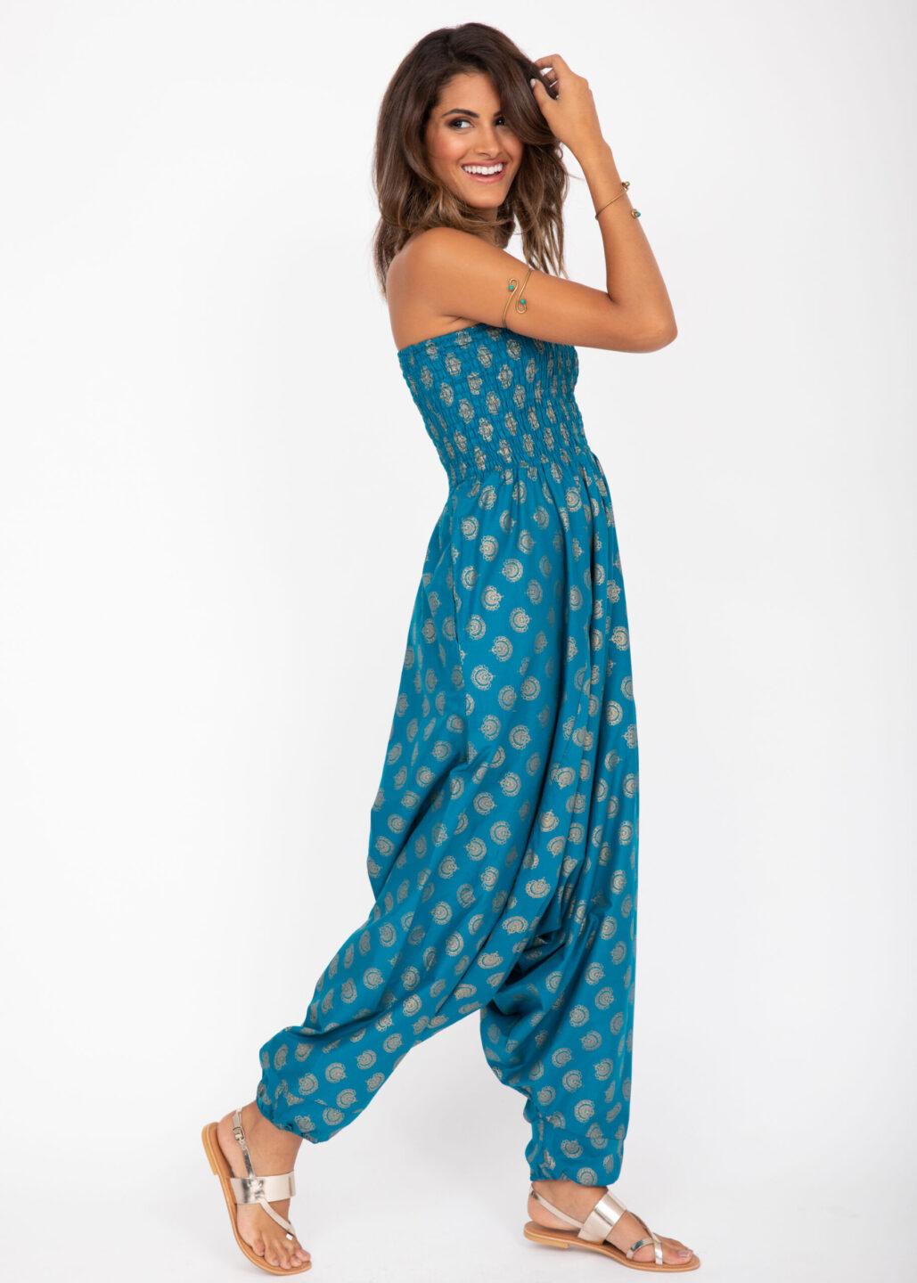 Cotton Printed 2 in 1 Maxi Harem Trouser & Bandeau Jumpsuit Turquoise Gold Print