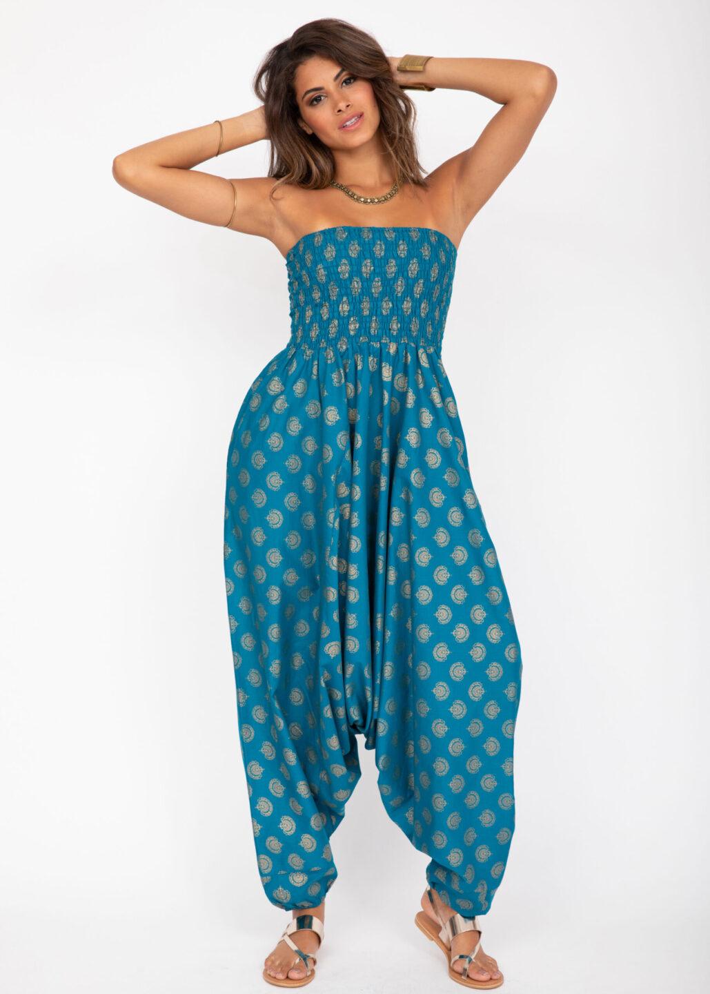 Cotton Printed 2 in 1 Maxi Harem Trouser & Bandeau Jumpsuit Turquoise Gold Print