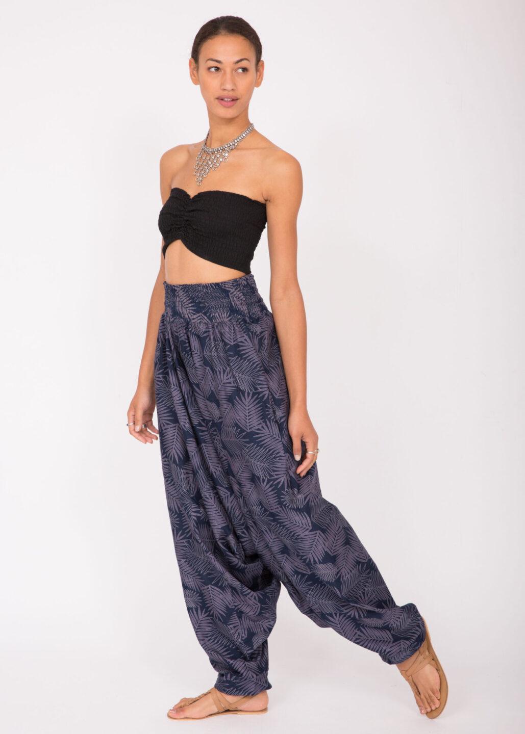 Cotton Printed 2 in 1 Maxi Harem Trouser &amp; Jumpsuit Blue Leaves