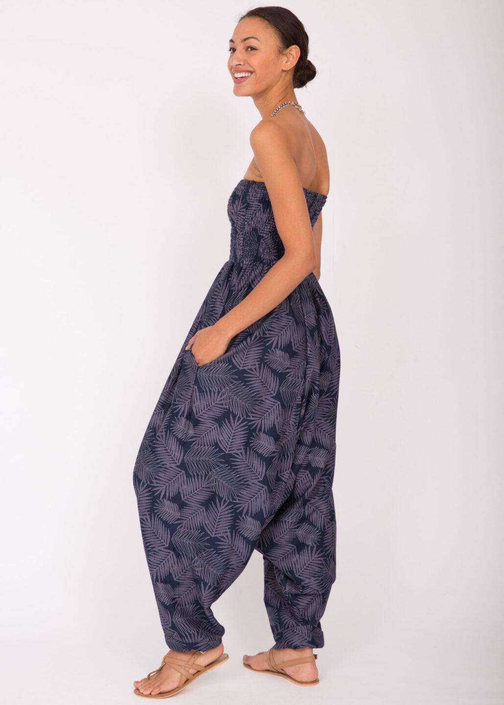 Cotton Printed 2 in 1 Maxi Harem Trouser &amp; Jumpsuit Blue Leaves