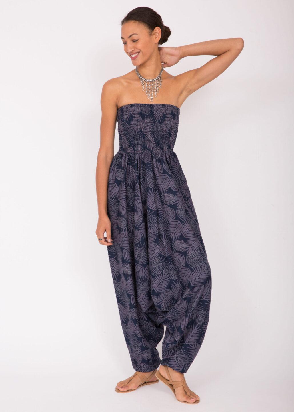 Cotton Printed 2 in 1 Maxi Harem Trouser &amp; Jumpsuit Blue Leaves