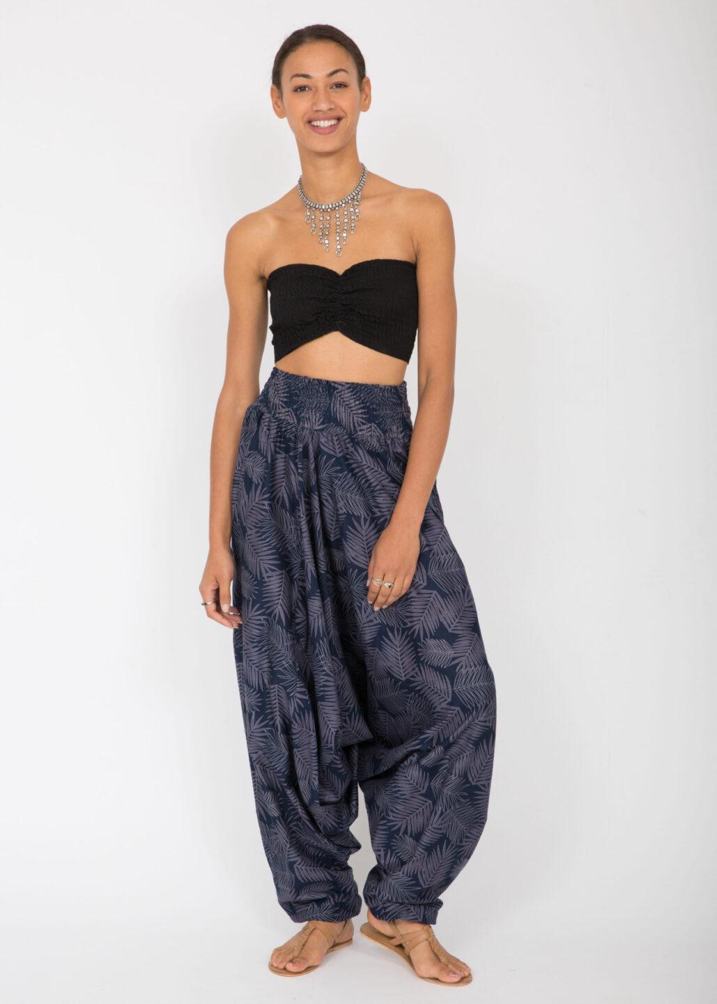 Cotton Printed 2 in 1 Maxi Harem Trouser &amp; Jumpsuit Blue Leaves