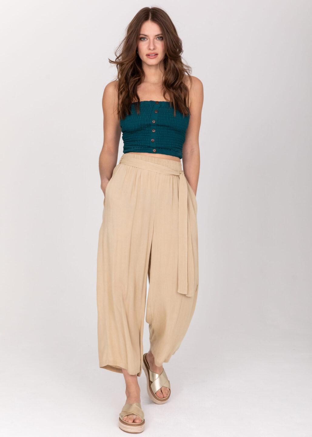 Culotte Crop Summer Trousers Crinkle Bisucuit Beige