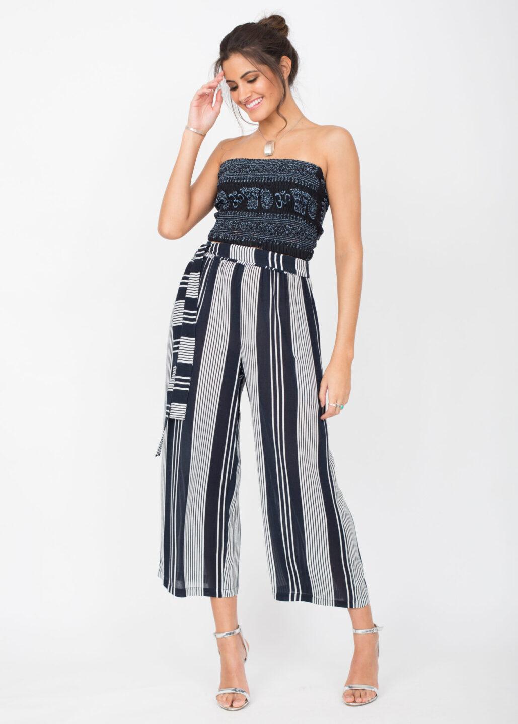 Culotte Crop Summer Trousers Crinkle Stripes