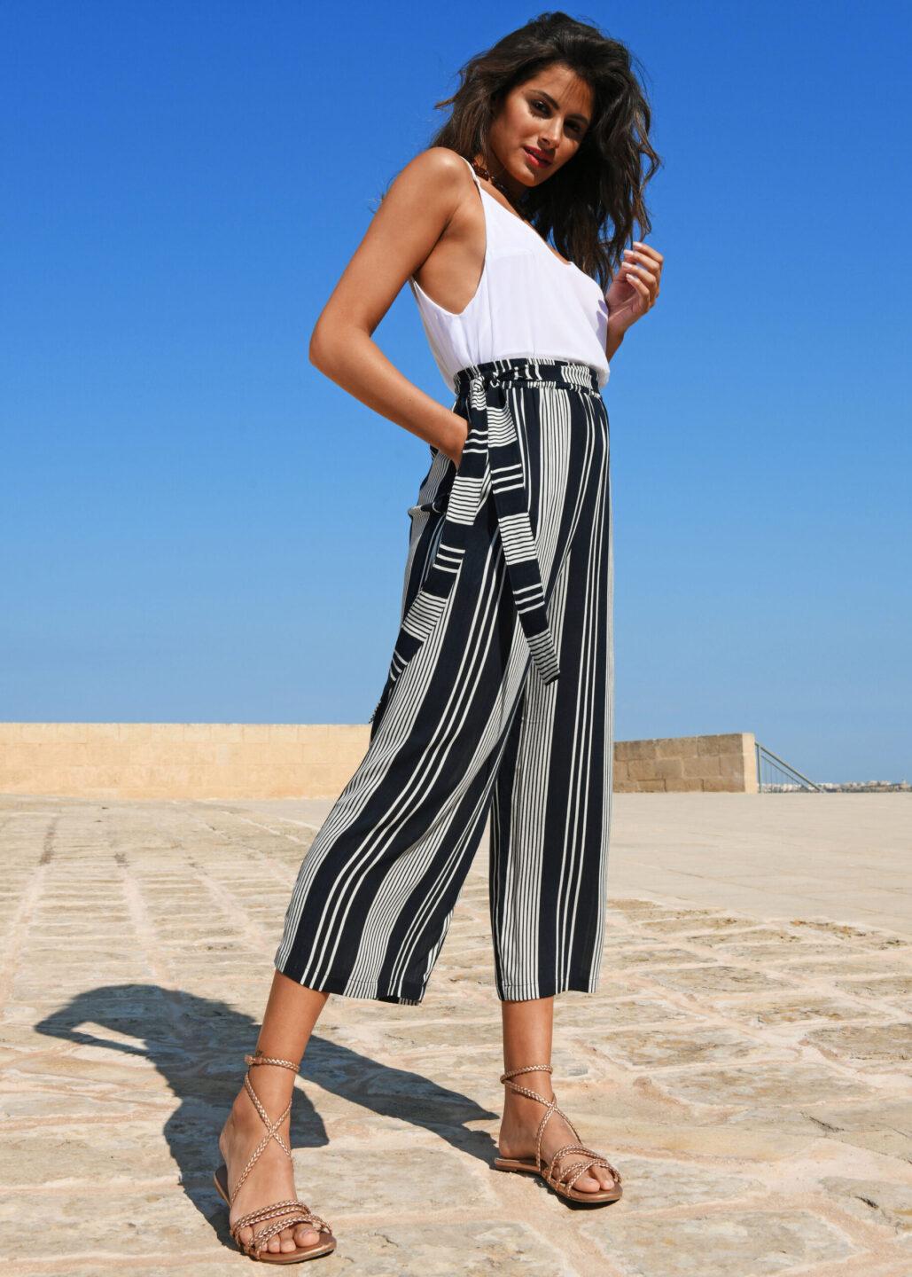 Culotte Crop Summer Trousers Crinkle Stripes