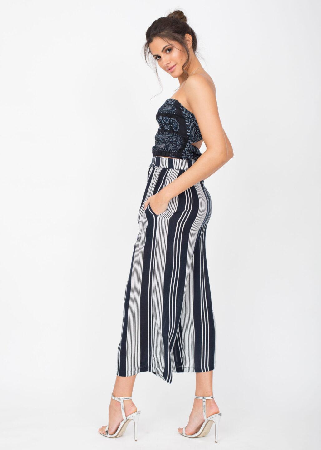 Culotte Crop Summer Trousers Crinkle Stripes