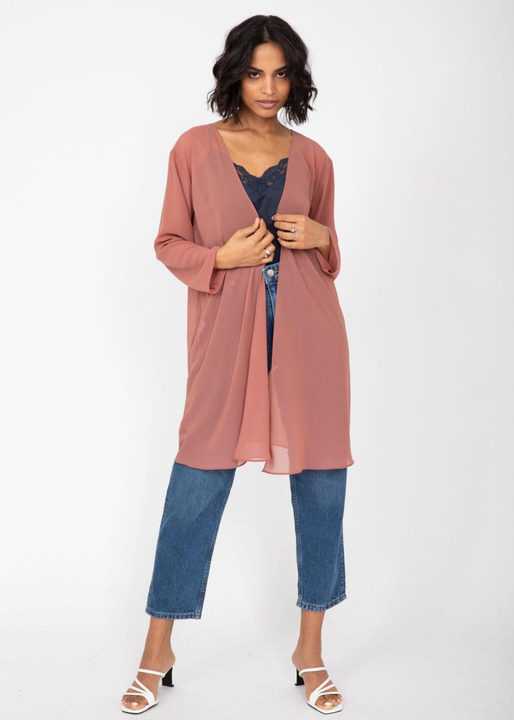 Elegant Sheer Longline Bell Sleeves Cardigan Rose Pink