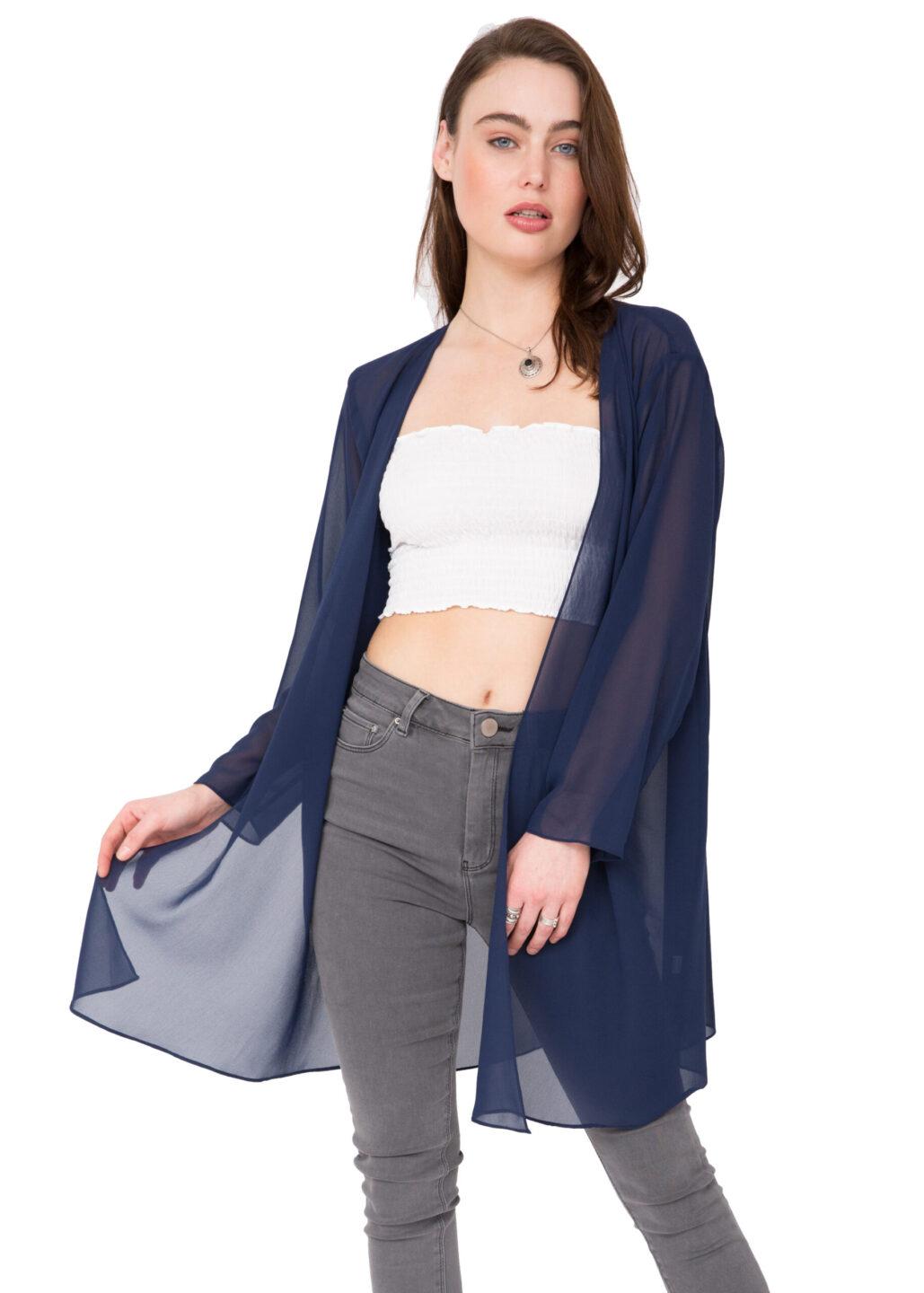 Elegant Sheer Longline Cardigan Blue