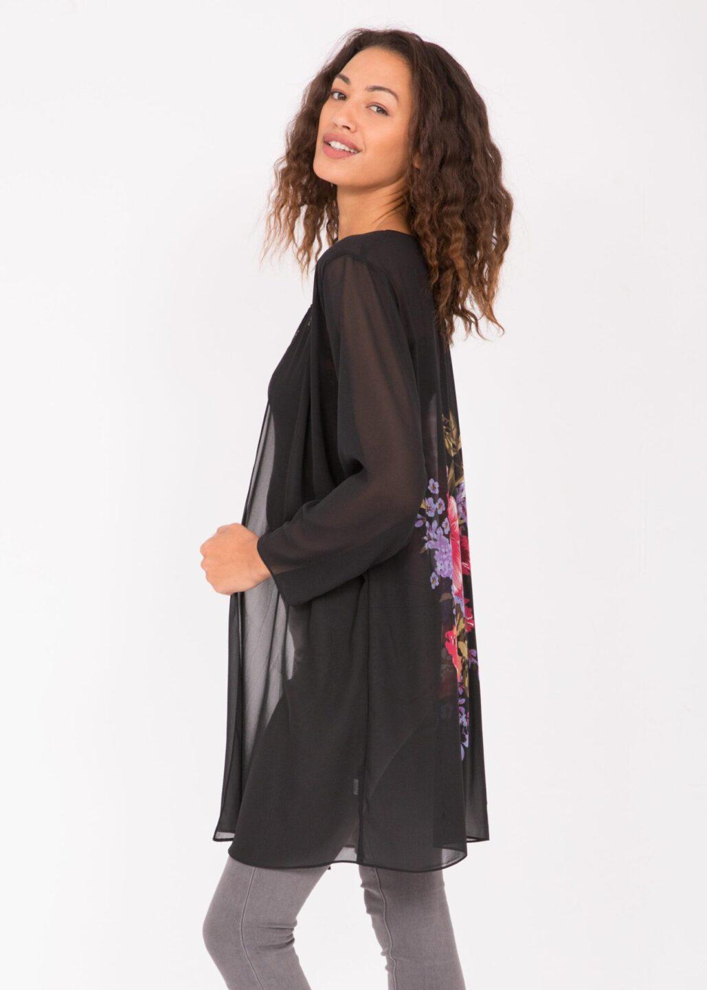 Elegant Sheer Longline Cardigan Floral Motif