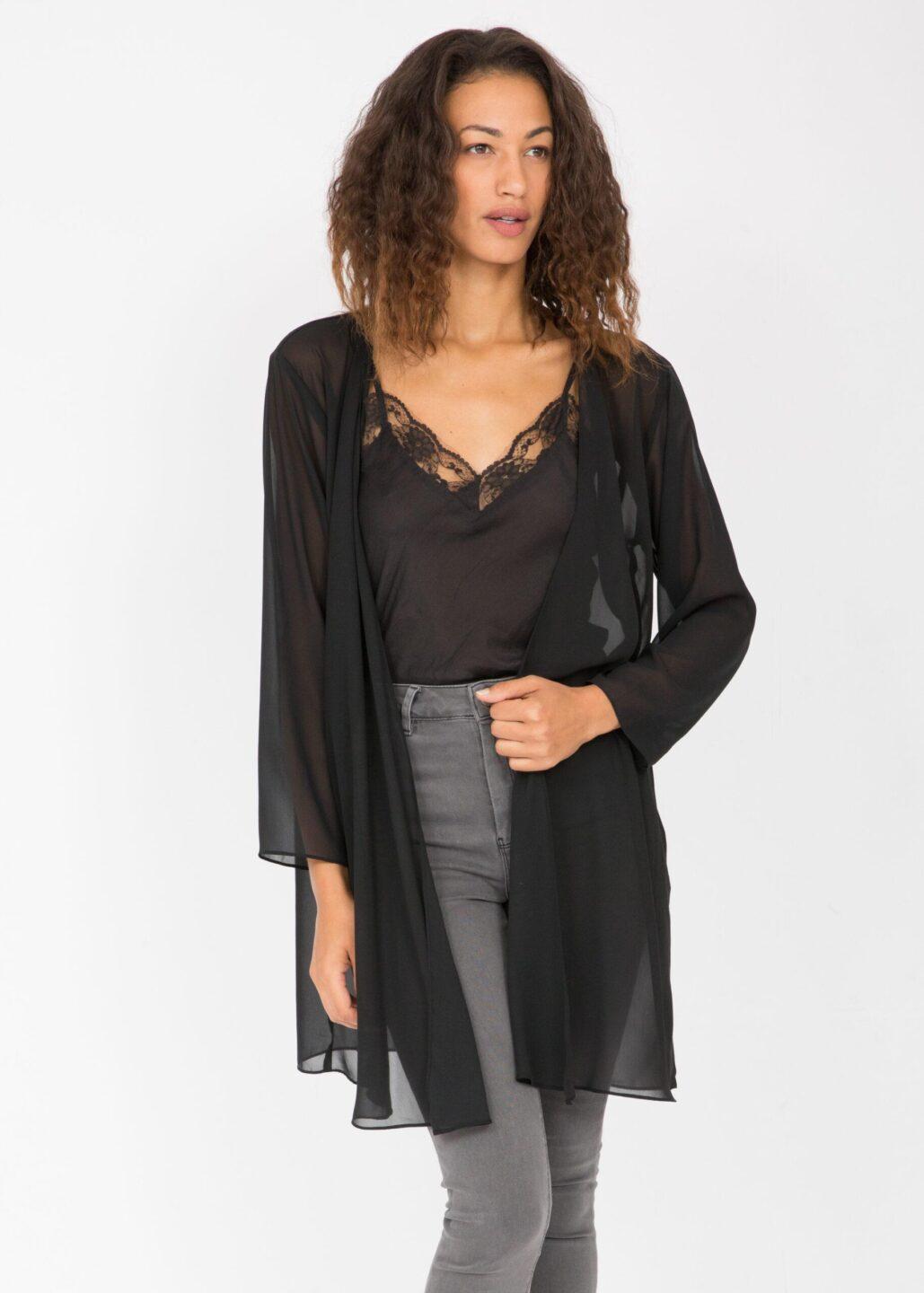 Elegant Sheer Longline Cardigan Floral Motif