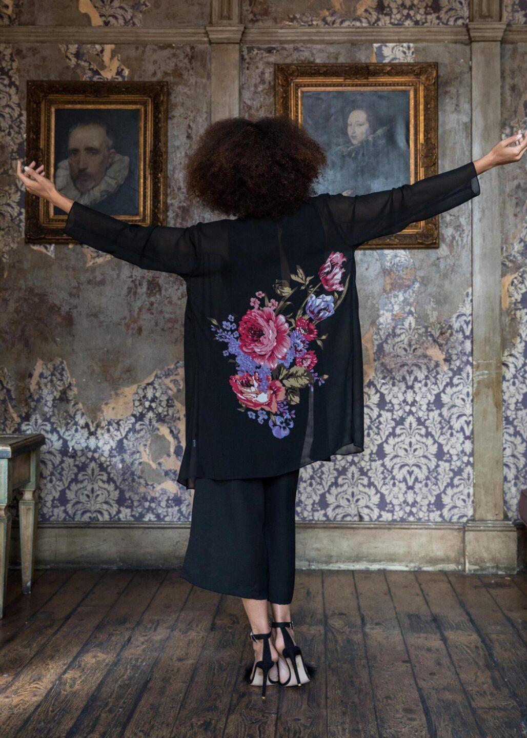 Elegant Sheer Longline Cardigan Floral Motif