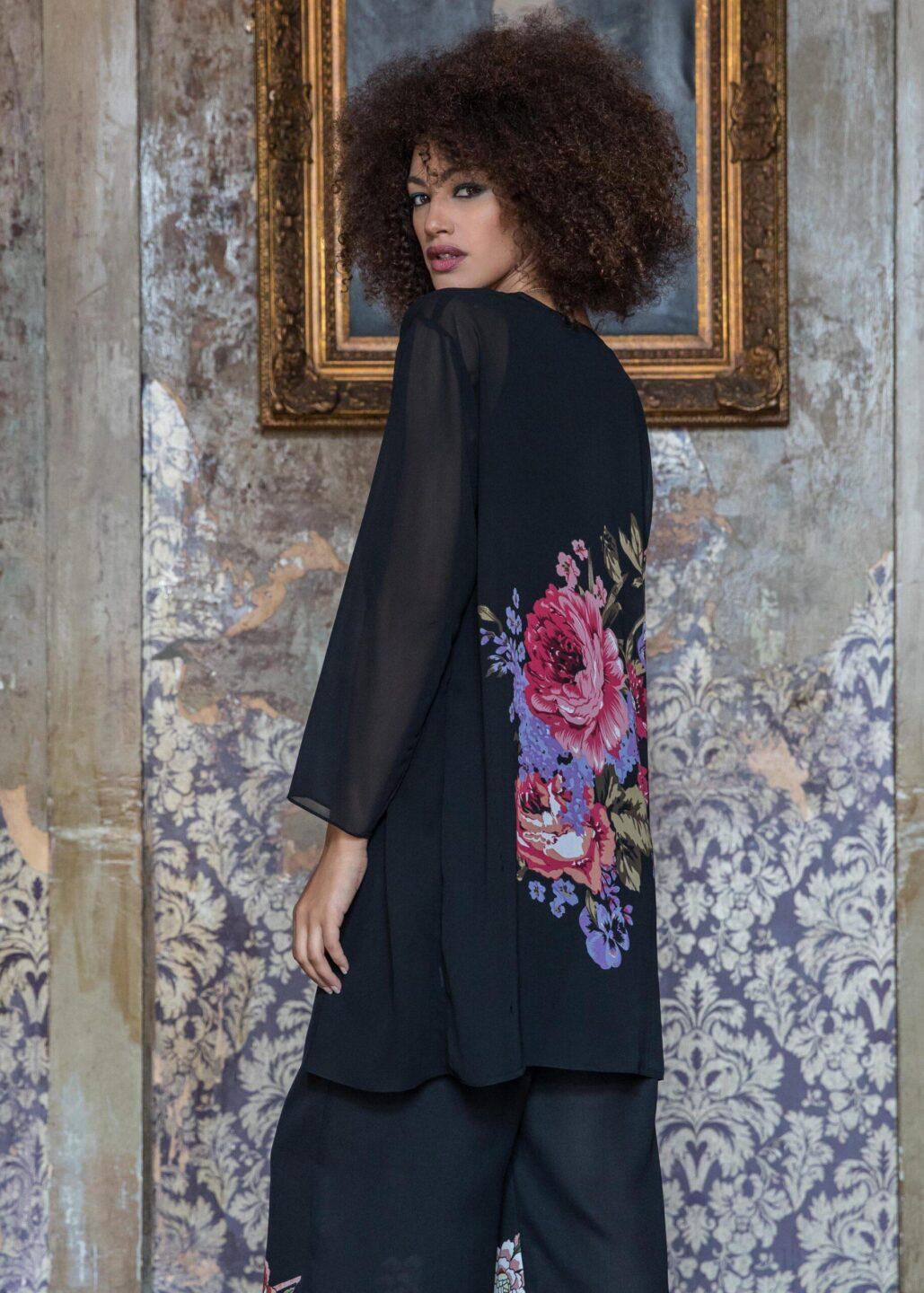 Elegant Sheer Longline Cardigan Floral Motif