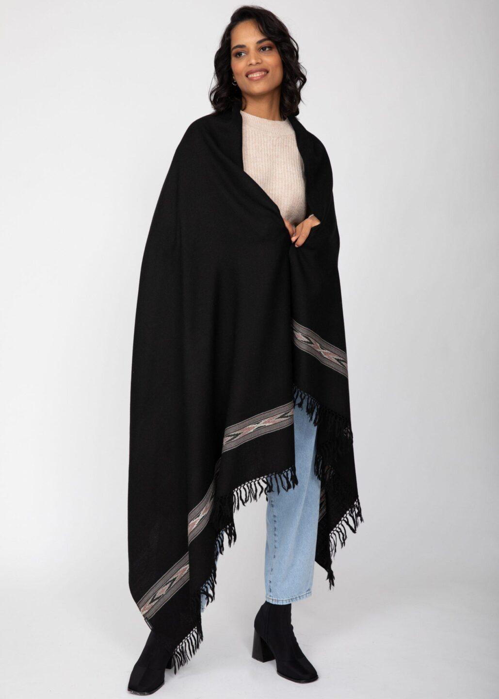 Takhi Merino Handwoven Shawl & Oversize Scarf Black 100 X 200