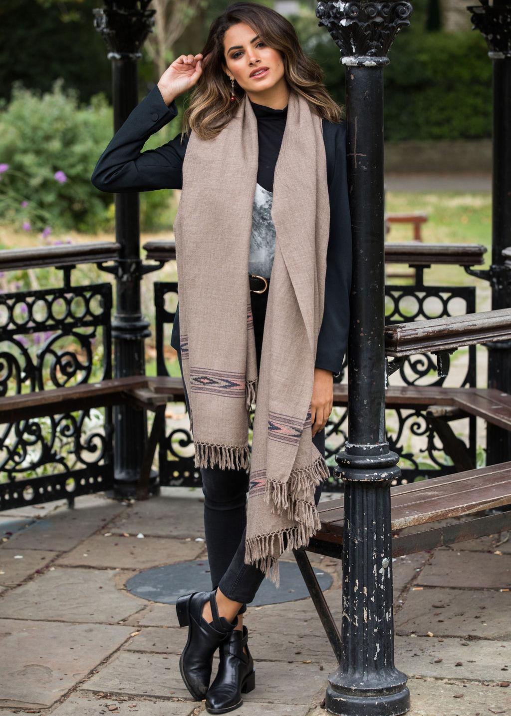 Ethically Handwoven Merino Wool Blanket Scarf in Mocha Brown Takhi