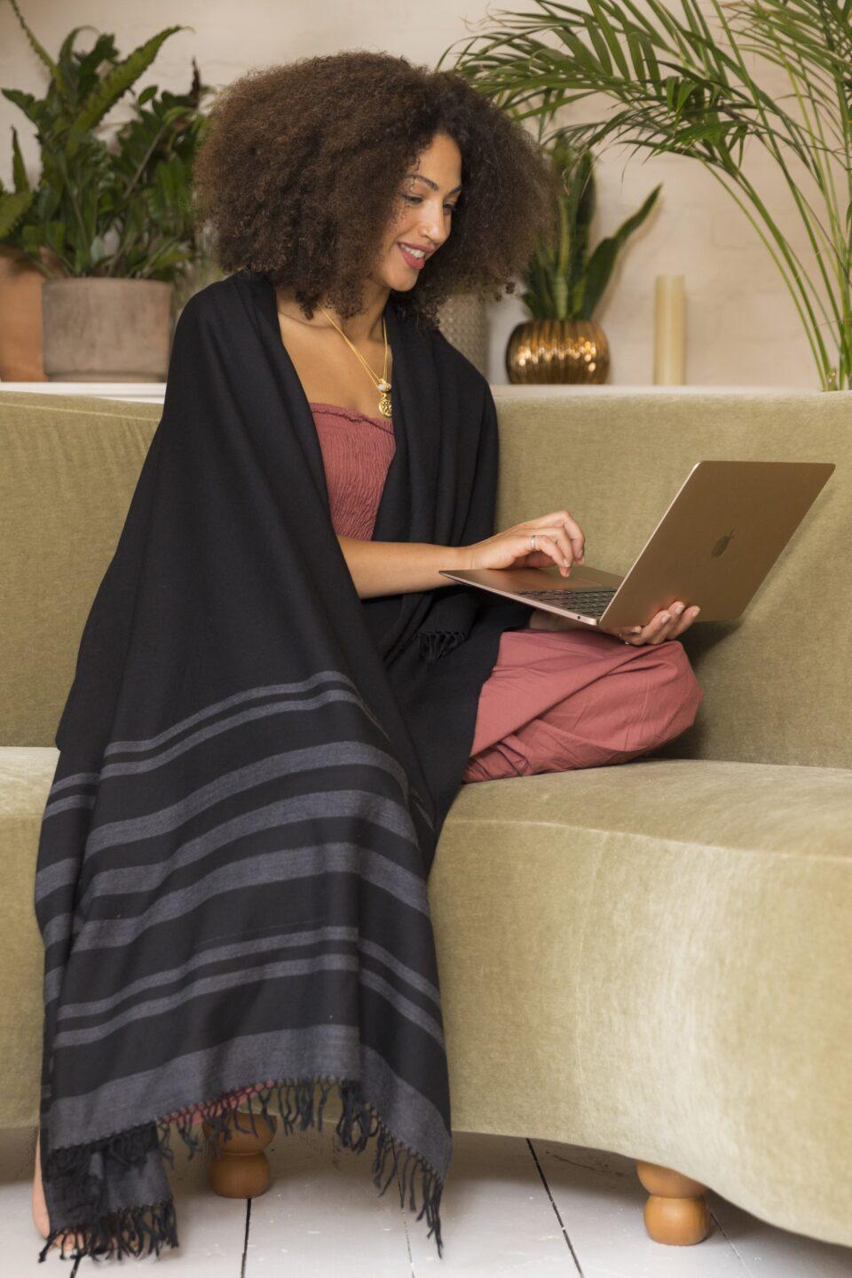 Ethically Handwoven Merino Wool Blanket Shawl in Black with Stripes