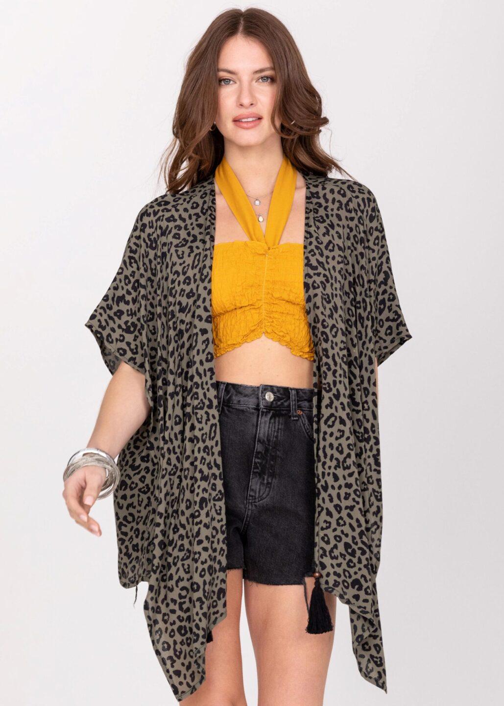 Floaty Kimono Cover Up in Green Leopard Print