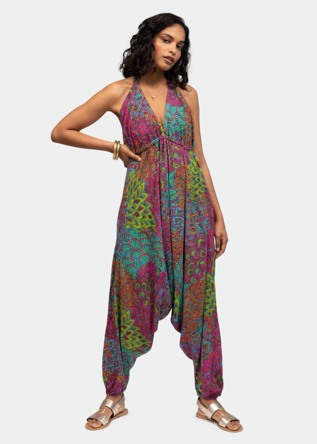 Halter Harem Jumpsuit Peacock Print Aqua Pink