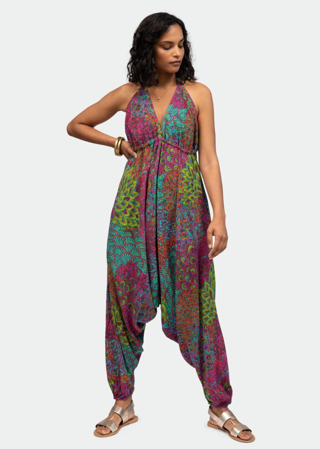 Halter Harem Jumpsuit Peacock Print Aqua Pink