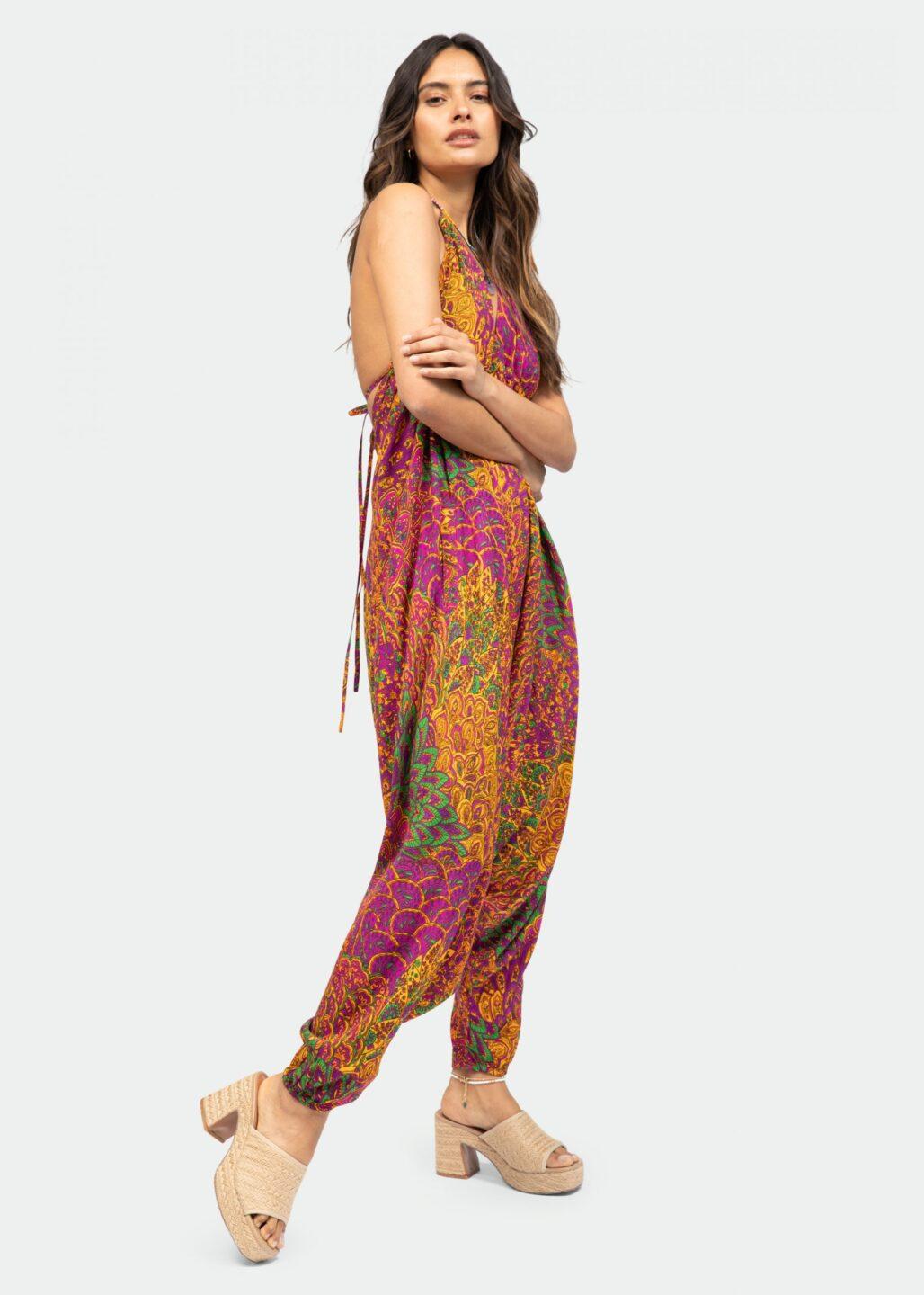 Halter Harem Jumpsuit Peacock Print Fuchsia