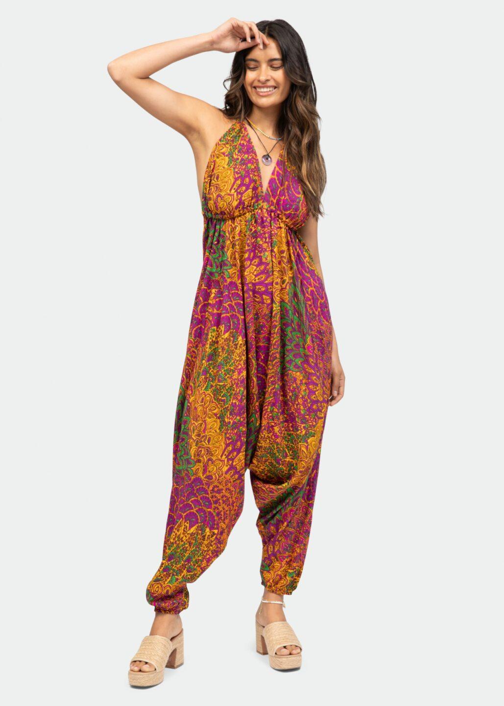 Halter Harem Jumpsuit Peacock Print Fuchsia