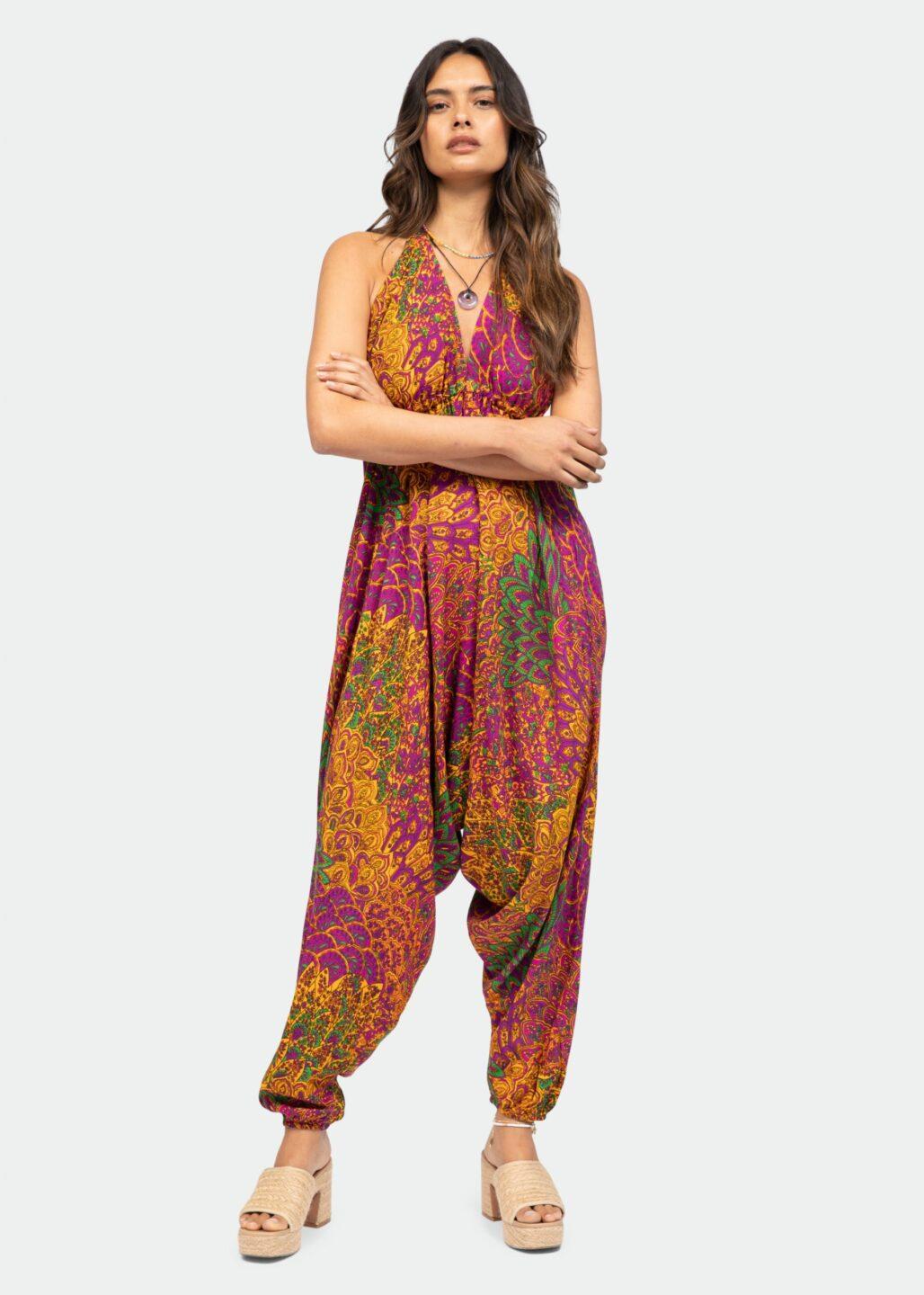 Halter Harem Jumpsuit Peacock Print Fuchsia