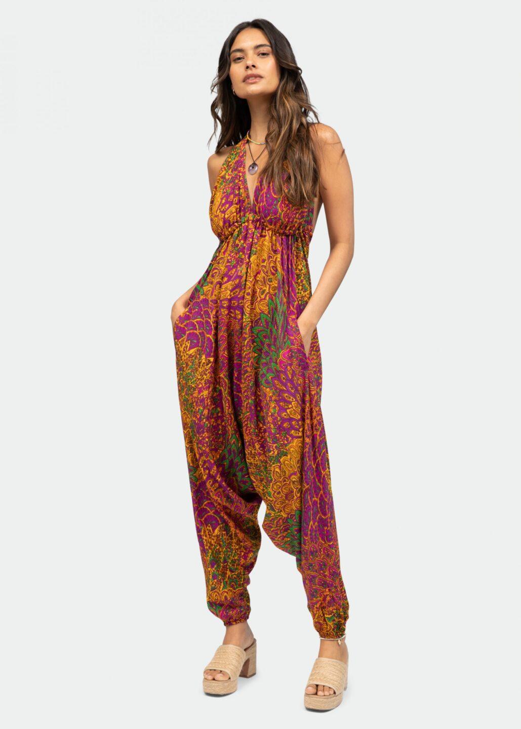 Halter Harem Jumpsuit Peacock Print Fuchsia